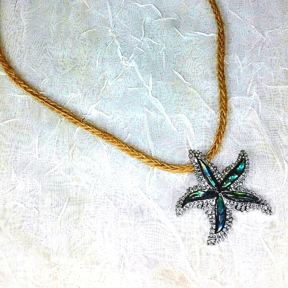 Necklace Abalone Starfish Pendant Silver macrame 16" adjustable NEW - Picture 2 of 4